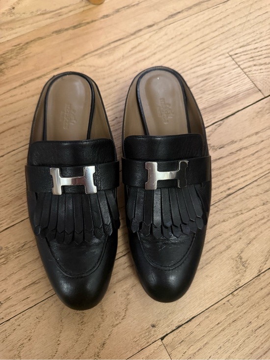 Hermes Shoes - Hermes Black Leather Fringe Loafers with Silver Hardware